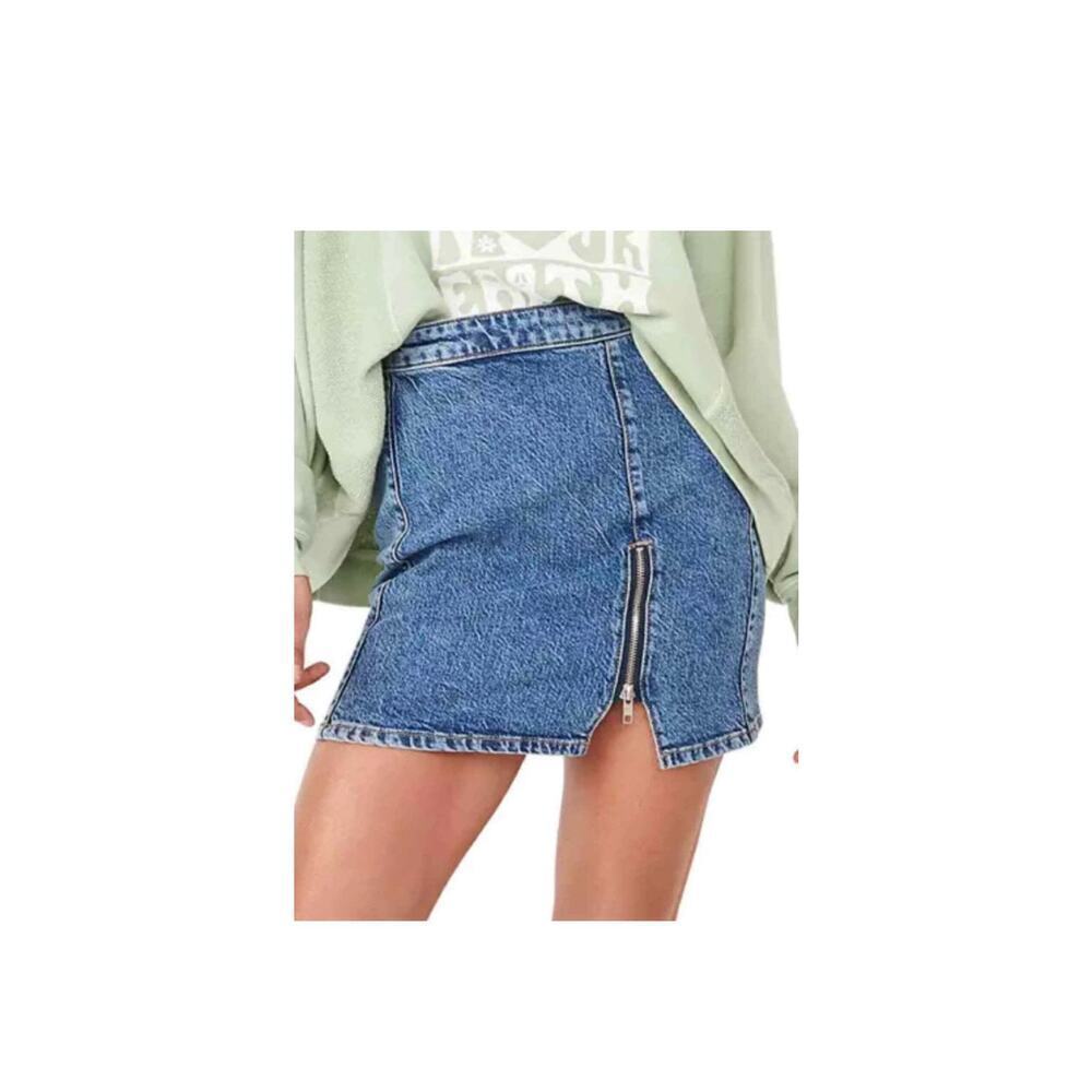 WE THE FREE MIDNIGHT MAGIC DENIM MINISKIRT MARBLE BLUE WITH ZIPPER SIZE 8